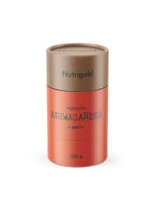 Nutrigold ekološki aswagandha prav v rjavi valjkasti kartonski embalaži, 200g.