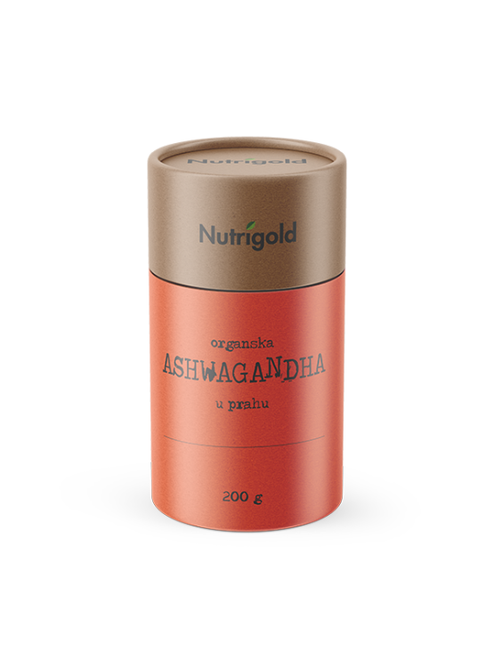 Nutrigold ekološki aswagandha prav v rjavi valjkasti kartonski embalaži, 200g.