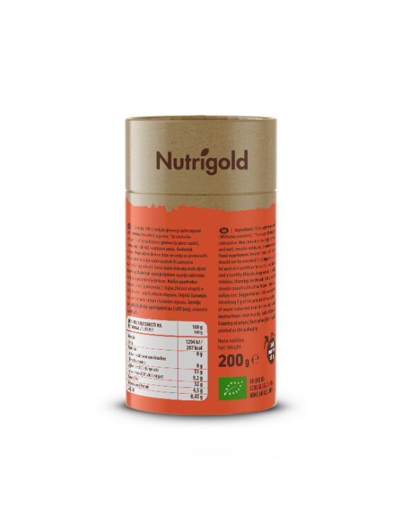 Nutrigold ekološki aswagandha prav v rjavi valjkasti kartonski embalaži, 200g.