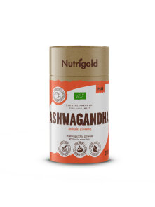 Nutrigold ekološki aswagandha prav v rjavi valjkasti kartonski embalaži, 200g.