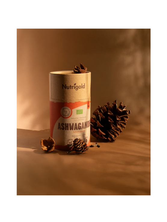 Nutrigold ekološki aswagandha prav v rjavi valjkasti kartonski embalaži, 200g.