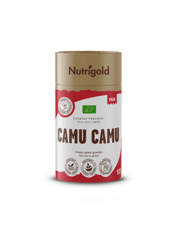 Nutrigold ekološki camu camu v prahu v rdeči 100 gramski embalaži.