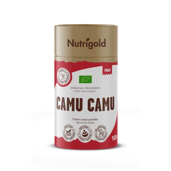 Nutrigold ekološki camu camu v prahu v rdeči 100 gramski embalaži.