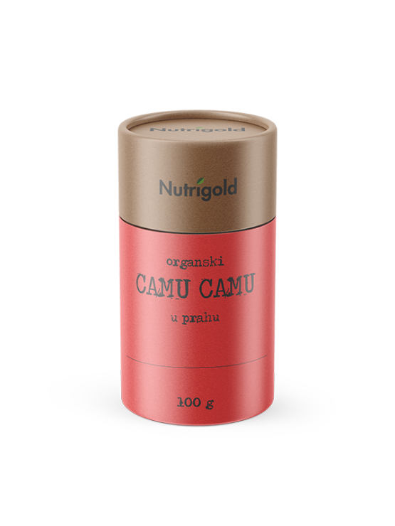 Nutrigold ekološki camu camu v prahu v rdeči 100 gramski embalaži.