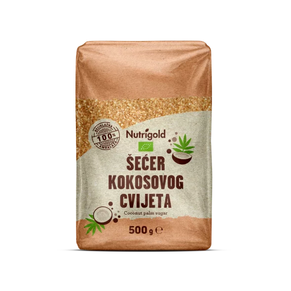 Nutrigold ekološki rjavi kokosov sladkor v prozorni plastični embalaži, 500g.