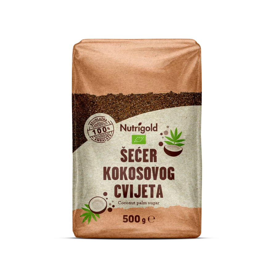 Nutrigold ekološki rjavi kokosov sladkor v prozorni plastični embalaži, 500 g.