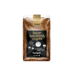 Nutrigold ekološki rjavi kokosov sladkor v prozorni plastični embalaži, 500g.