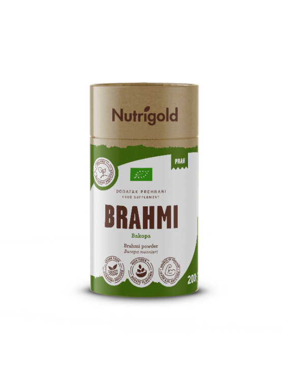 Nutrigold Brahmi v prahu v rjavi embalaži.