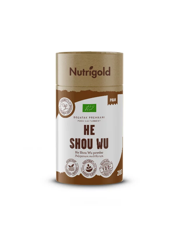 Nutrigold ekološki He Shou Wu v prahu v 200 gramski rjavi embalaži.