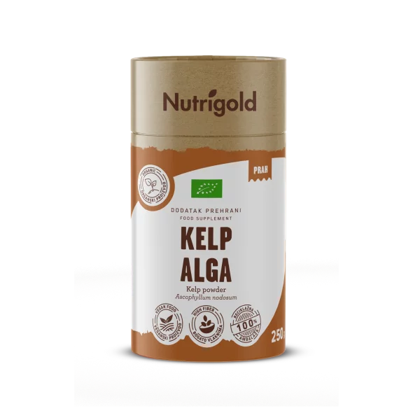 Nutrigold kelp (kombu) alga v prahu v rjavi embalaži, 250 g.