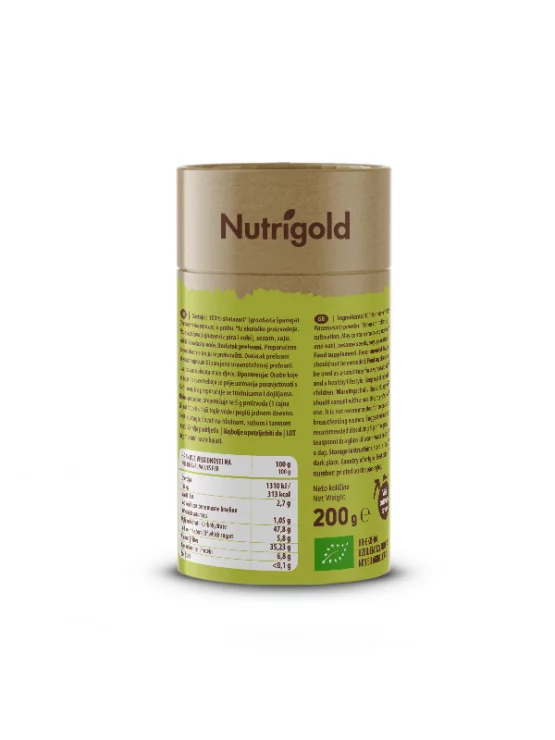 Nutrigold ekološki shatavari v prahu v rjavi valjkasti embalaži, 200g.