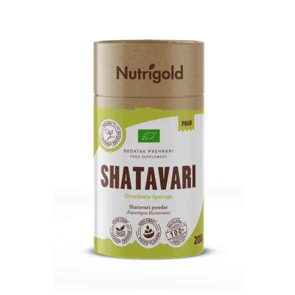 Nutrigold ekološki aswagandha prav v rjavi valjkasti kartonski embalaži, 200g.Nutrigold ekološki shatavari v prahu v rjavi valjkasti embalaži, 200g.
