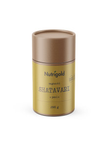 Nutrigold ekološki shatavari v prahu v rjavi valjkasti embalaži, 200g.