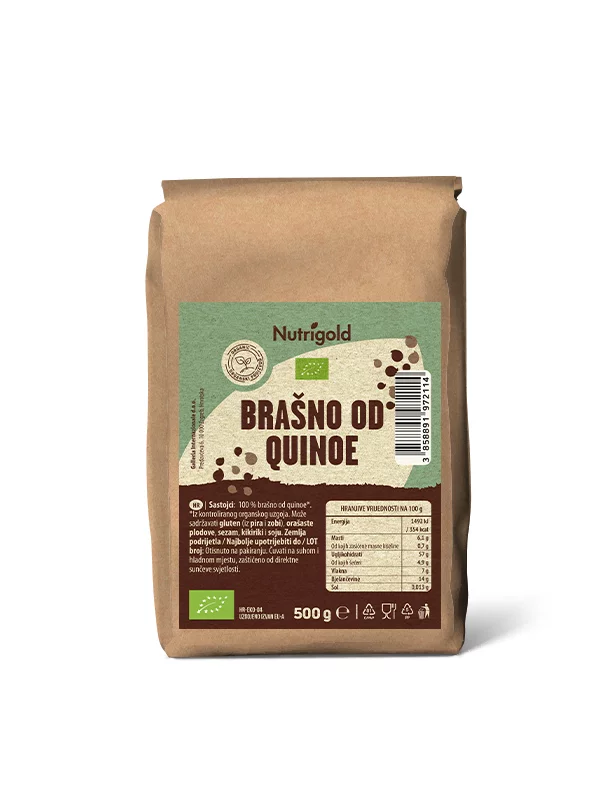 Nutrigold ekološka kvinojina moka v 500 gramski rjavi embalaži.