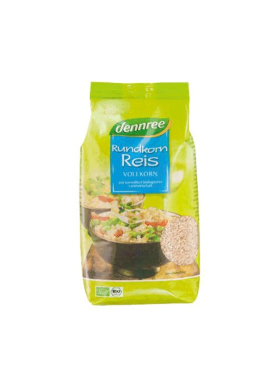Dennre ekološki rjavi riž z okroglim zrnom v plastični embalaži, 1000g.