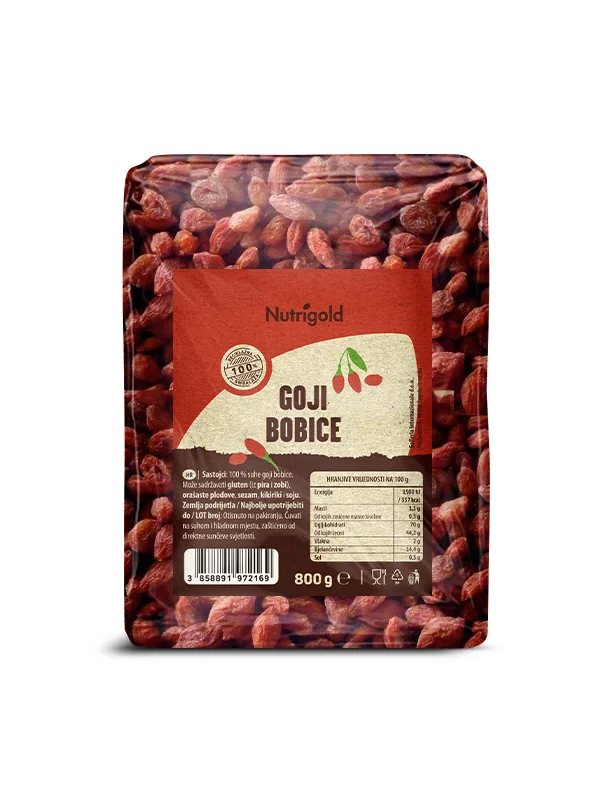 Nutrigold goji jagode v 800 gramski prozorni plastični embalaži.