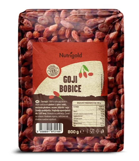 Nutrigold crvene goji bobice u plastičnoj, prozirnoj ambalaži od 800 grama.