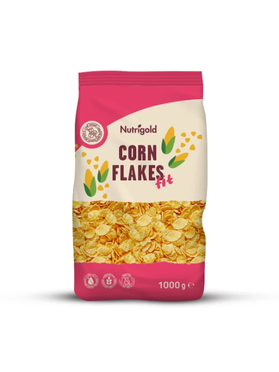 Nutrigold koruzni kosmiči brez dodanega sladkorja v 1000 gramski plastični embalaži.