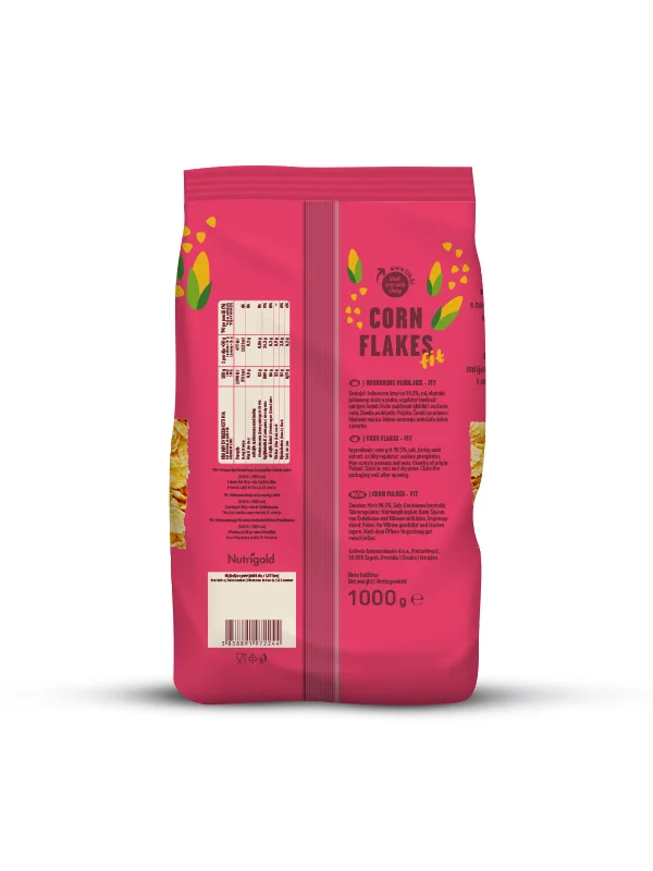 Nutrigold koruzni kosmiči brez dodanega sladkorja v 1000 gramski plastični embalaži.