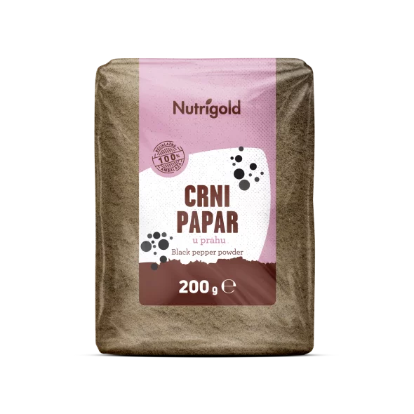 Nutrigold črni poper v prahu v 200 gramski prozorni plastični embalaži.