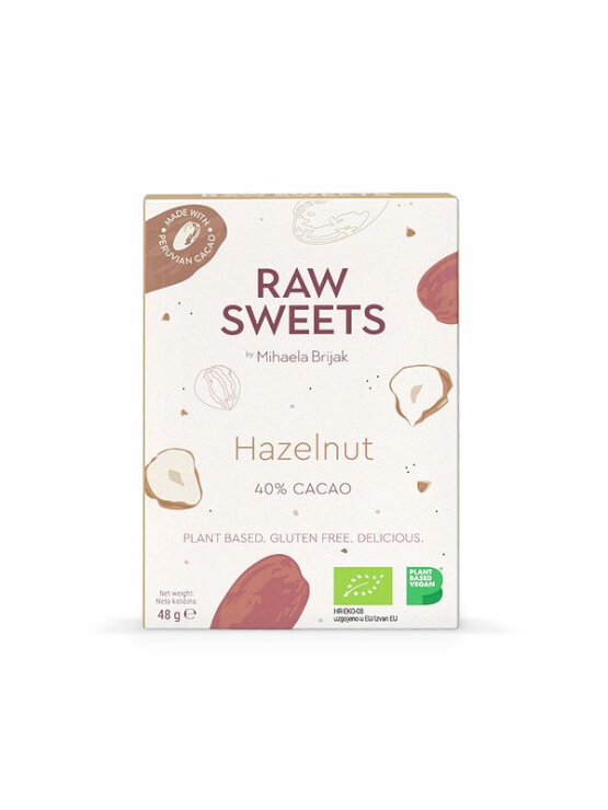 Raw sweets by Mihaela presna kakav ploščica z okusom lešnika kakava v kartonski embalaži, 48g