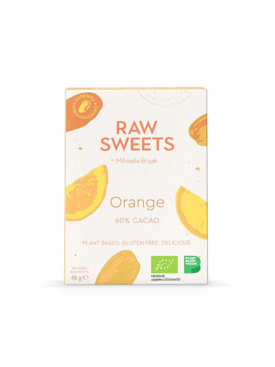Raw sweets by Mihaela presna  kakav ploščica s pomarančo v kartonski embalaži, 48g.