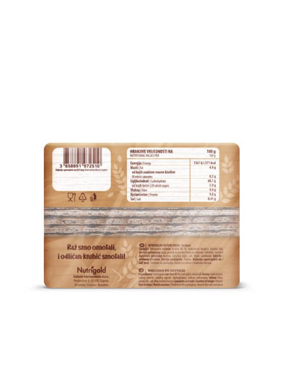 Nutrigold hrustljavi rženi kruhki brez dodanega sladkorja v plastični embalaži, 125g.
