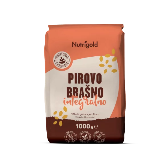 Nutrigold polnozrnata pirina moka v rjavi papirnati embalaži, 1000g.