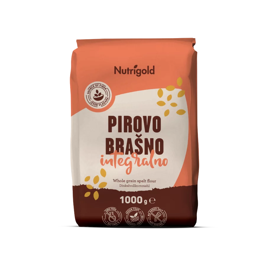 Nutrigold polnozrnata pirina moka v rjavi papirnati embalaži, 1000g.