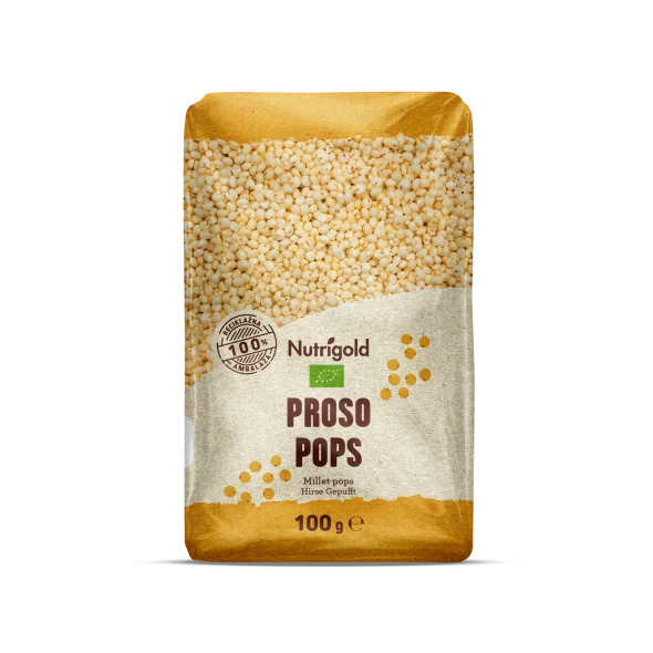 Nutrigold ekološki proseni napihnjenci v prozorni plastični embalaži, 100g.