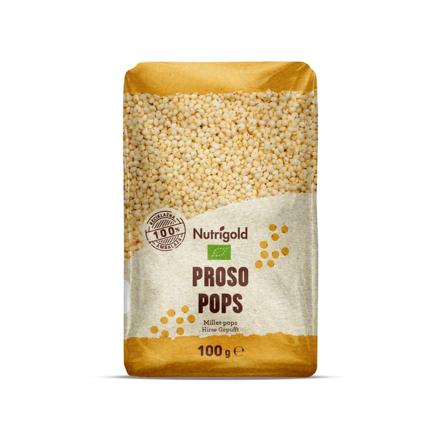 Nutrigold ekološki proseni napihnjenci v prozorni plastični embalaži, 100 g.