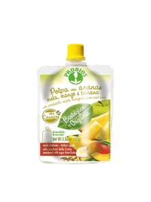 Probios ekološki sadni pire z ananasom, jabolkom, mangom in banano s konopljo v plastični embalaži s pokrovčkom, 100g.