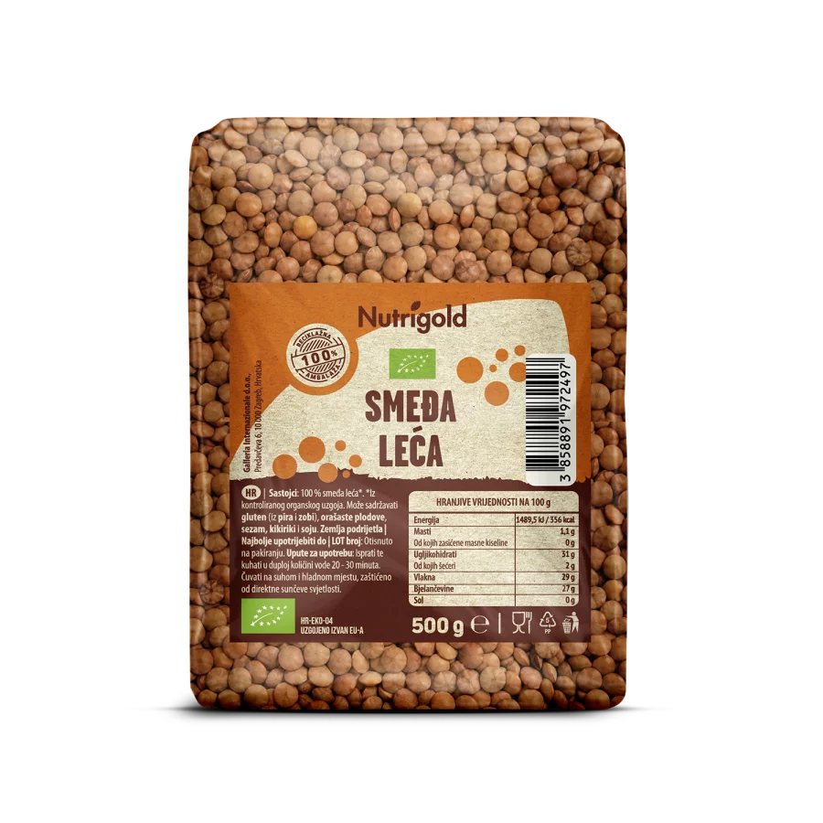Nutrigold ekološka rjava leča v prozorni plastični embalaži, 500g.