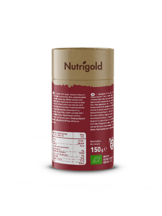 Nutrigold ekološka čaga (brezin luknjač) v prahu v 150 gramski rjavi embalaži.