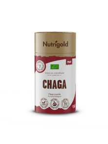 Nutrigold ekološka čaga (brezin luknjač) v prahu v 150 gramski rjavi embalaži.