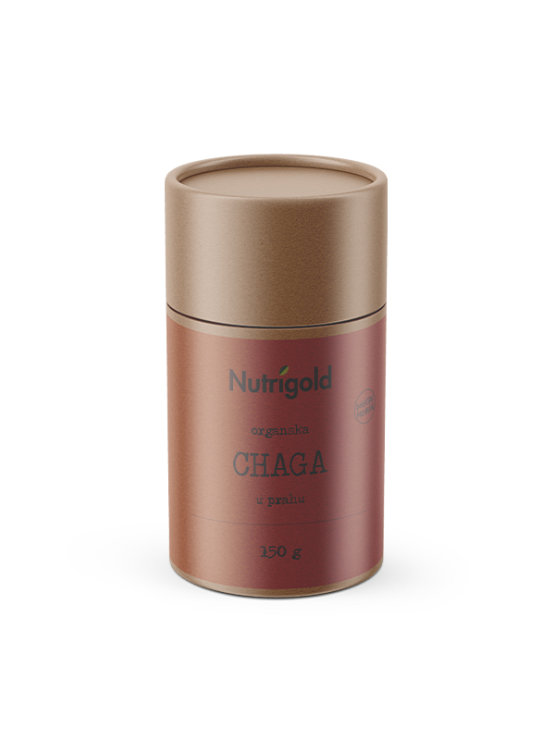 Nutrigold ekološka čaga (brezin luknjač) v prahu v 150 gramski rjavi embalaži.