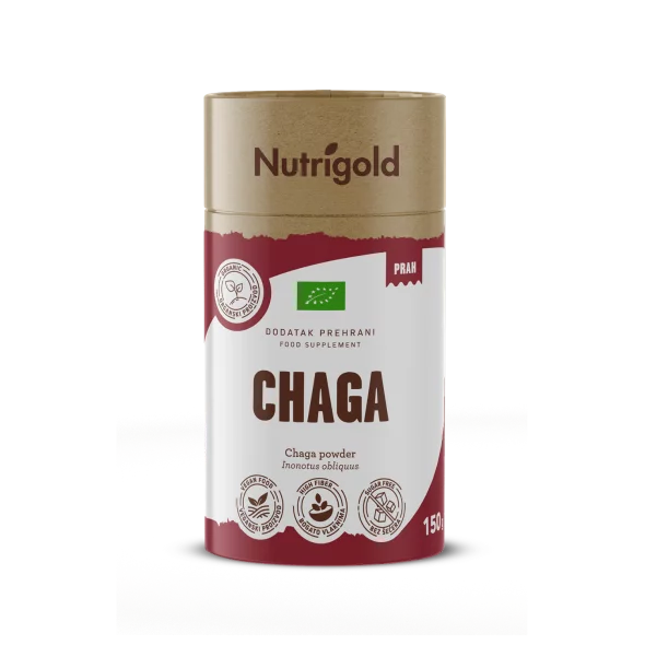 Nutrigold ekološka čaga (brezin luknjač) v prahu v 150 gramski rjavi embalaži.