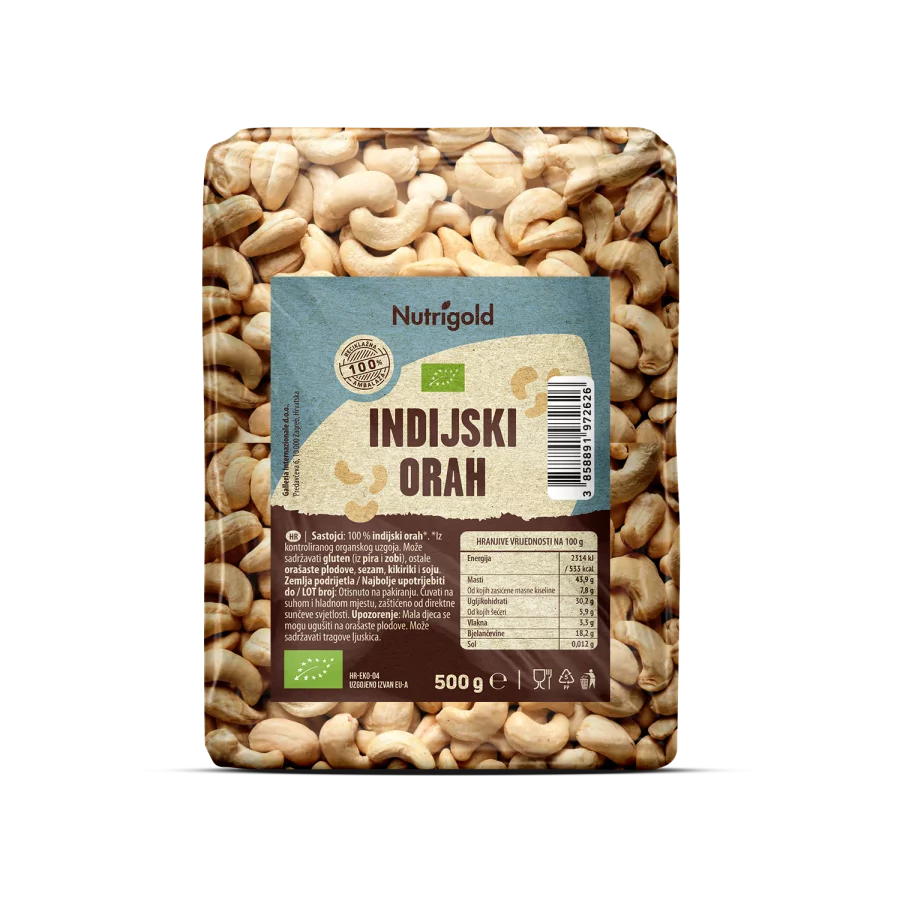 Nutrigold ekološki indijski oreščki v prozorni plastični embalaži, 500 g.