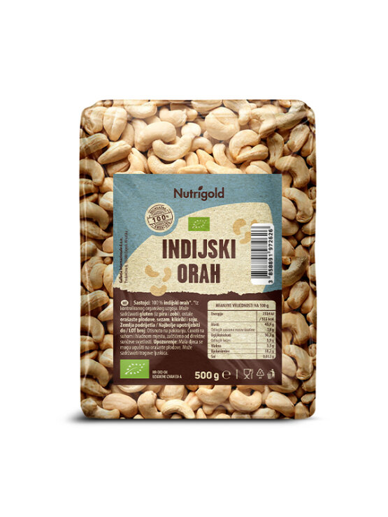 Nutrigold ekološki indijski oreščki v prozorni plastični embalaži, 500g.