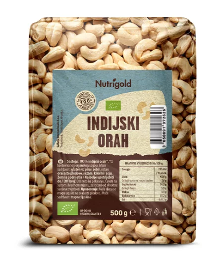 Nutrigold organski, sirovi indijski oraščići u plastičnoj prozirnoj ambalaži od 500 grama.