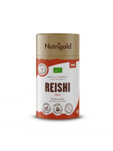 Nutrigold ekološka goba reishi v prahu v rjavi valjkasti embalaži, 150g.