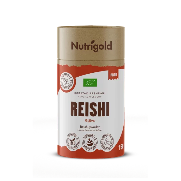 Nutrigold ekološka goba reishi v prahu v rjavi valjkasti embalaži, 150g.