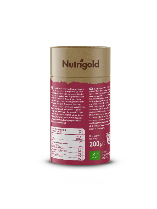 Nutrigold ekološki tulsi v prahu v rjavi embalaži, 200g.
