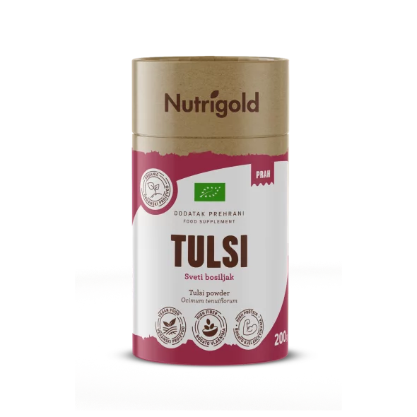 Nutrigold ekološki tulsi v prahu v rjavi embalaži, 200 g.