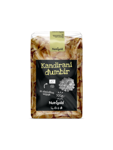 Nutrigold kandirani ekološki ingver v prozorni plastični embalaži, 500g.
