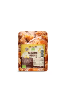 Nutrigold kandirani ekološki ingver v prozorni plastični embalaži, 500g.