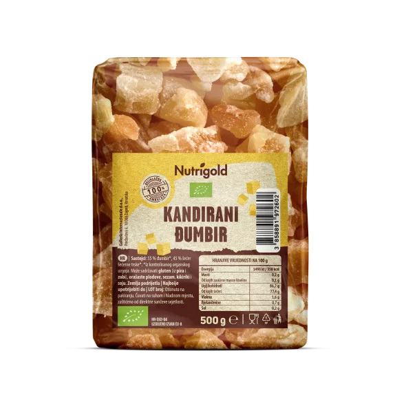 Nutrigold kandirani ekološki ingver v prozorni plastični embalaži, 500g.