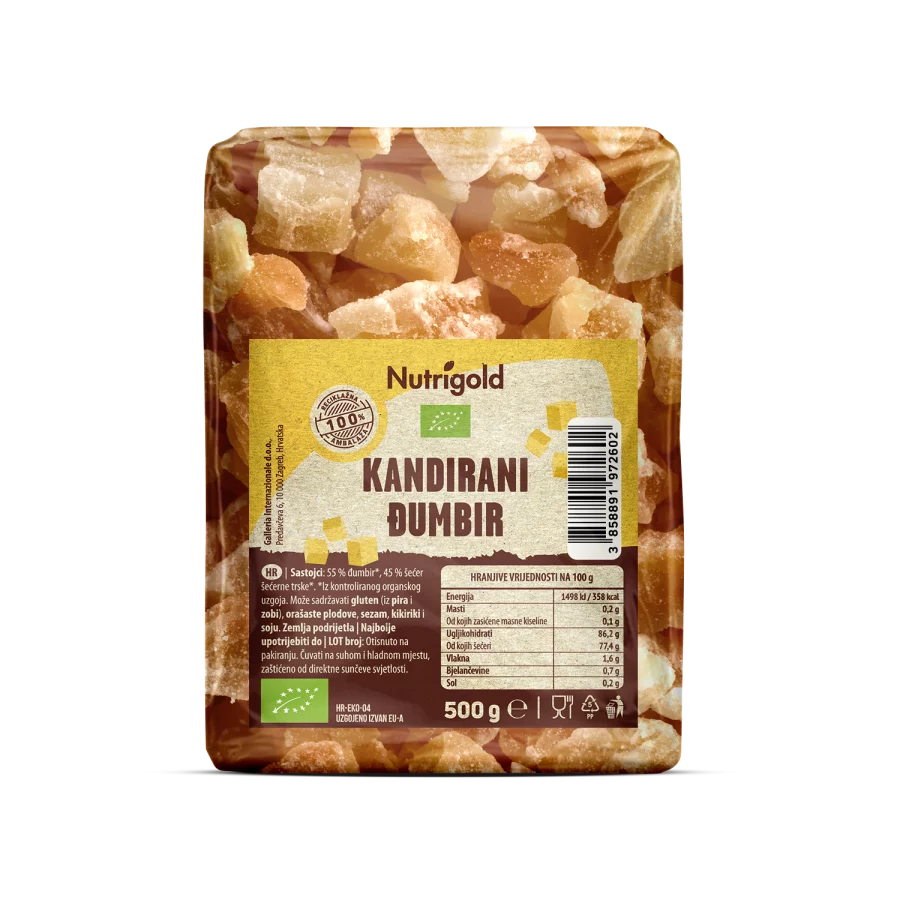 Nutrigold kandirani ekološki ingver v prozorni plastični embalaži, 500g.