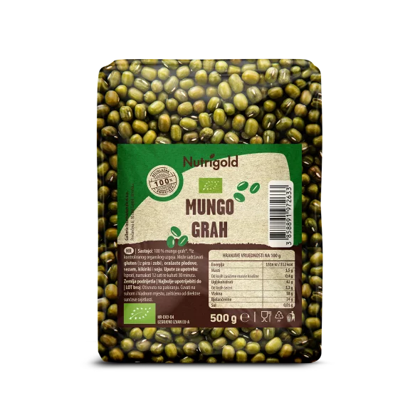 Nutrigold ekološki mungo fižol v prozorni plastični embalaži, 500g.