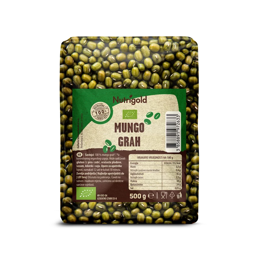 Nutrigold ekološki mungo fižol v prozorni plastični embalaži, 500g.